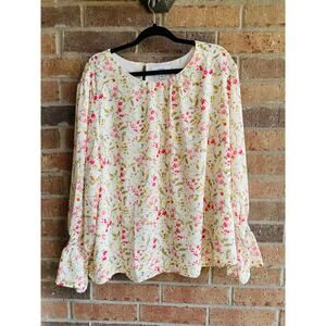 CeCe Women's White Pink Floral Back Keyhole Long Sleeve Boho Blouse Size 3X NWT